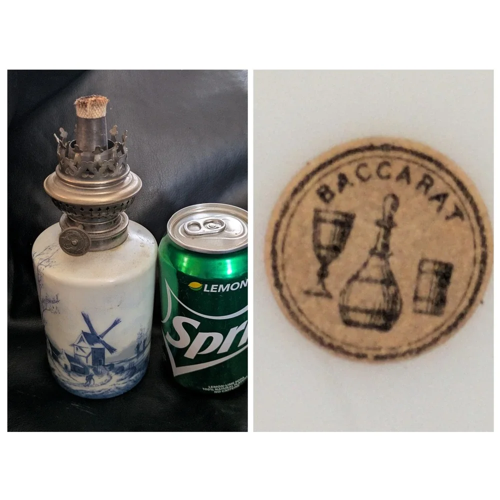 Vintage Baccarat Style Oil Lamp Blue White Windmill‎ Scene Metal Top 4 In Tall